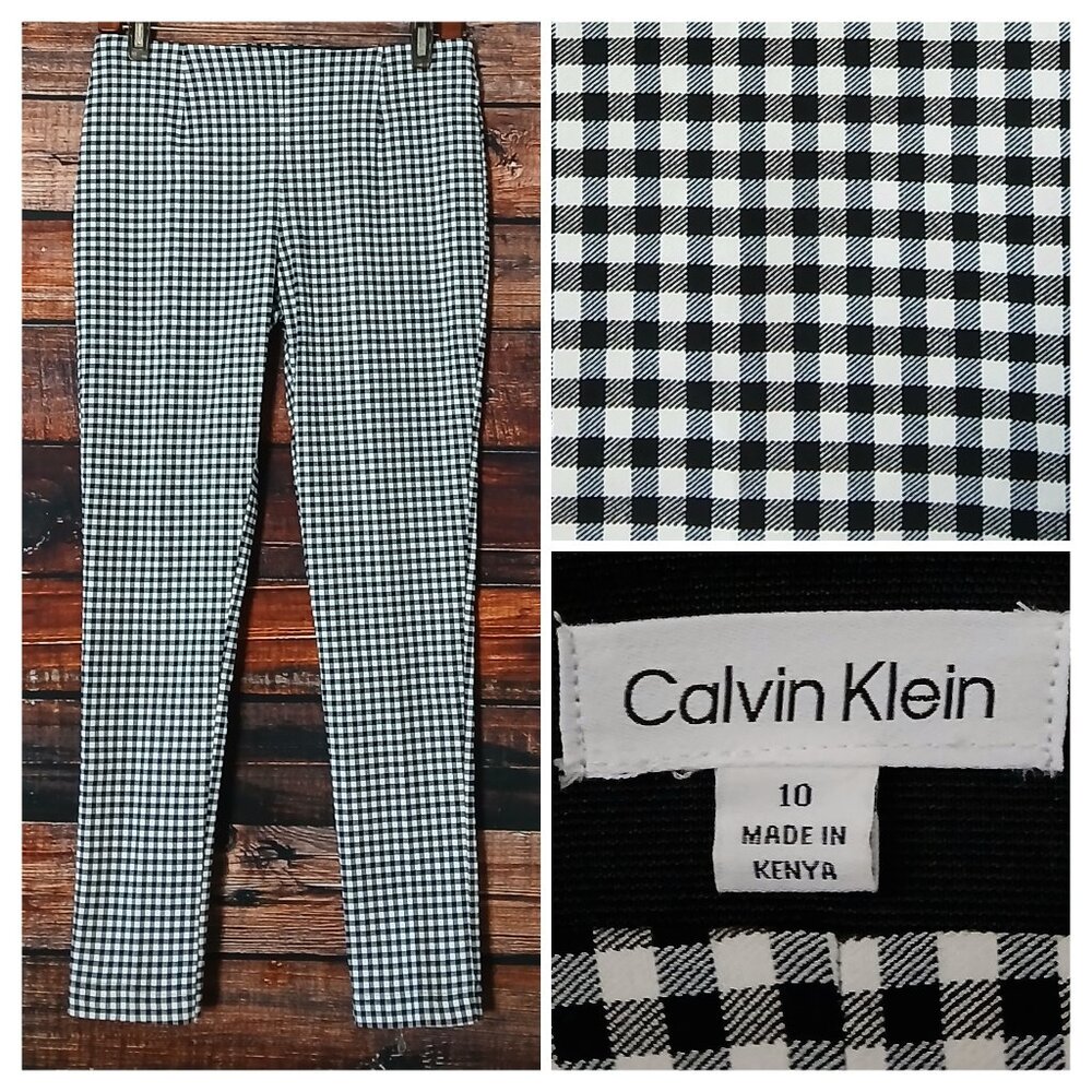 Calvin Klein Ponte Pants 10 Black White Gingham Elastic Waist Pull On Ankle